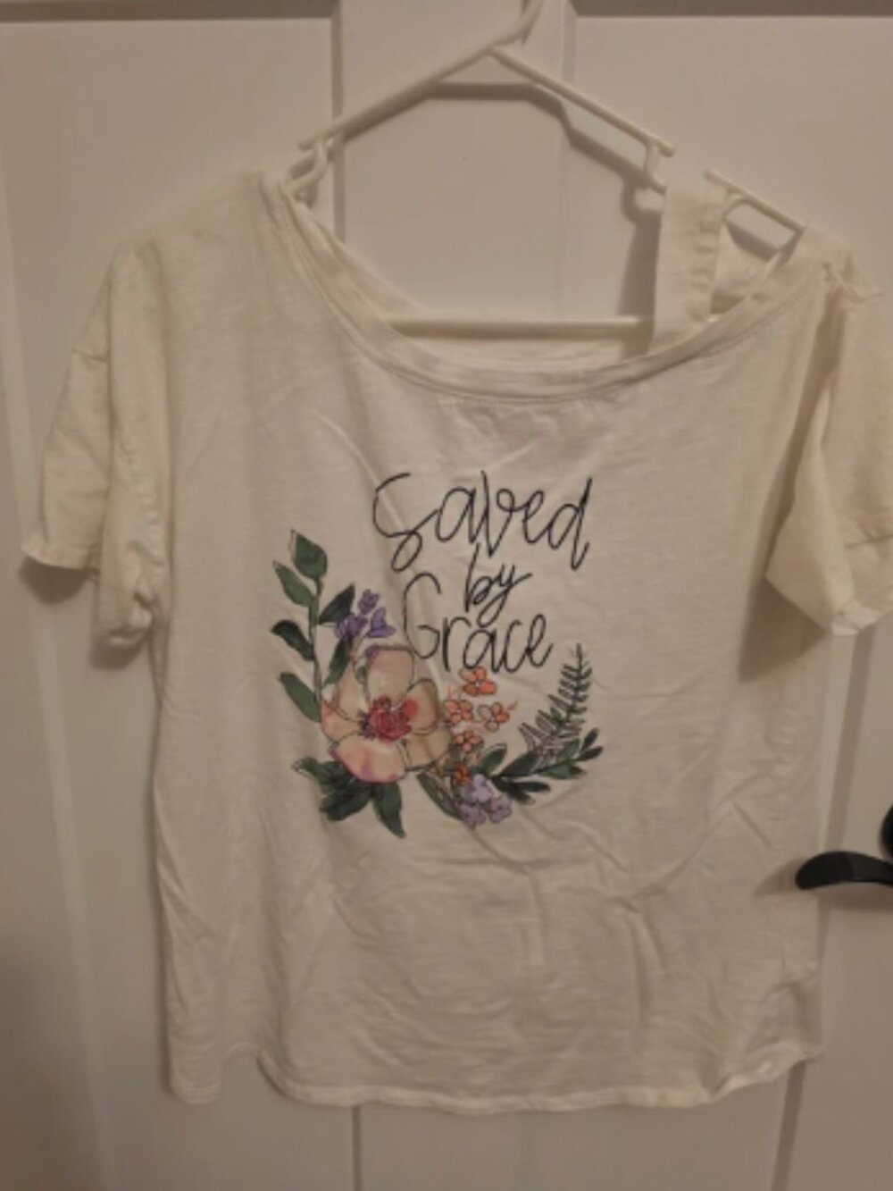 Saved by Grace White Cold Shoulder Floral Graphic Tee Size M